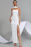 Glitter White Sheath Beaded Prom Dress with Slit and Ribbon
