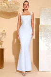 White Square Neck Mermaid Prom Dress with Beading