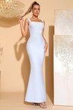 White Square Neck Mermaid Prom Dress with Beading
