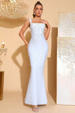 White Square Neck Mermaid Prom Dress with Beading