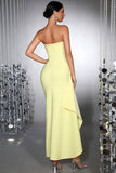 Yellow Strapless Ruffled Sheath Prom Dress with Slit