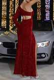 Sparkly Dark Red Tassel One Shoulder Sheath Prom Dress with Slit