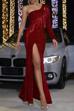 Sparkly Dark Red Tassel One Shoulder Sheath Prom Dress with Slit