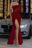 Sparkly Dark Red Tassel One Shoulder Sheath Prom Dress with Slit