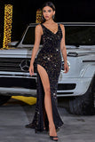 Glitter Sequins Black V Neck Mermaid Prom Dress with Slit