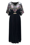 Black V Neck Floral A Line Long Formal Dress with Sleeve
