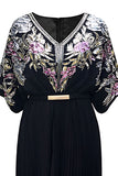 Black V Neck Floral A Line Long Formal Dress with Sleeve