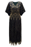 Sparkly Black Golden Appliques V Neck A Line Long Formal Dress with Sleeve