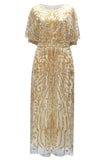 Sparkly Apricot Sequins Round Neck A Line Long Formal Dress with Sleeve