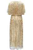 Sparkly Apricot Sequins Round Neck A Line Long Formal Dress with Sleeve