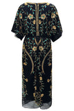 Dark Green V Neck Appliques A Line Long Formal Dress with Sleeve