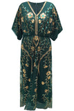 Dark Green V Neck Appliques A Line Long Formal Dress with Sleeve