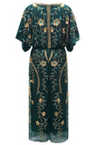 Dark Green V Neck Appliques A Line Long Formal Dress with Sleeve