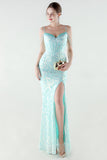 Sparkly Appliques Light Green Corset Sheath Prom Dress with Slit