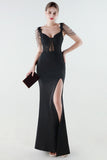 Black Sheath Appliques Corset Prom Dress with Slit