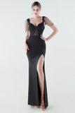 Black Sheath Appliques Corset Prom Dress with Slit