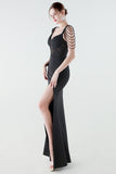 Black Sheath Appliques Corset Prom Dress with Slit