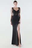 Black Sheath Appliques Corset Prom Dress with Slit