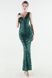 Sparkly Appliques Sheath Green V Neck Prom Dress