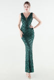 Sparkly Appliques Sheath Green V Neck Prom Dress