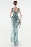 Sparkly Appliques Sheath Green V Neck Prom Dress