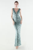 Sparkly Appliques Sheath Green V Neck Prom Dress
