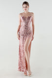 Sparkly Appliques Blush Sheath Cold Shoulder Prom Dress with Slit