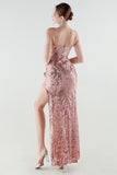 Sparkly Appliques Blush Sheath Cold Shoulder Prom Dress with Slit