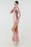 Sparkly Appliques Blush Sheath Cold Shoulder Prom Dress with Slit