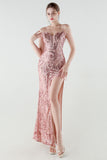 Sparkly Appliques Blush Sheath Cold Shoulder Prom Dress with Slit
