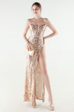 Sparkly Appliques Blush Sheath Cold Shoulder Prom Dress with Slit