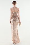 Sparkly Appliques Blush Sheath Cold Shoulder Prom Dress with Slit
