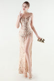 Sparkly Appliques Blush Sheath Cold Shoulder Prom Dress with Slit