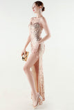 Sparkly Appliques Blush Sheath Cold Shoulder Prom Dress with Slit
