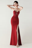 Black Strapless Sheath Corset Long Prom Dress with Slit
