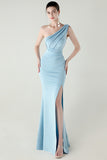 Blue One Shoulder Long Prom Dress with Slit
