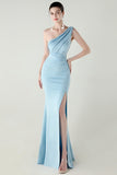 Blue One Shoulder Long Prom Dress with Slit