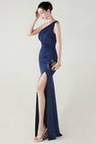 Blue One Shoulder Long Prom Dress with Slit