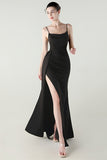 Spaghetti Straps Burgundy Long Sheath Prom Dress with Slit