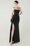 Spaghetti Straps Burgundy Long Sheath Prom Dress with Slit