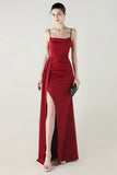 Spaghetti Straps Burgundy Long Sheath Prom Dress with Slit