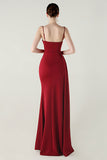 Spaghetti Straps Burgundy Long Sheath Prom Dress with Slit