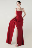 Spaghetti Straps Burgundy Long Sheath Prom Dress with Slit