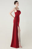 Spaghetti Straps Burgundy Long Sheath Prom Dress with Slit