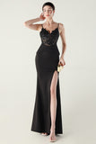 Navy Spaghetti Straps Appliques Corset Sheath Prom Dress with Slit