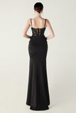 Navy Spaghetti Straps Appliques Corset Sheath Prom Dress with Slit