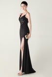 Navy Spaghetti Straps Appliques Corset Sheath Prom Dress with Slit