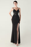 Navy Spaghetti Straps Appliques Corset Sheath Prom Dress with Slit