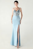 Navy Spaghetti Straps Appliques Corset Sheath Prom Dress with Slit