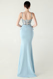 Navy Spaghetti Straps Appliques Corset Sheath Prom Dress with Slit